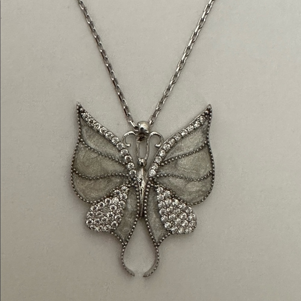 925 silver white butterfly enamel necklace clear cubic zirconia cz stones - Picture 5 of 5